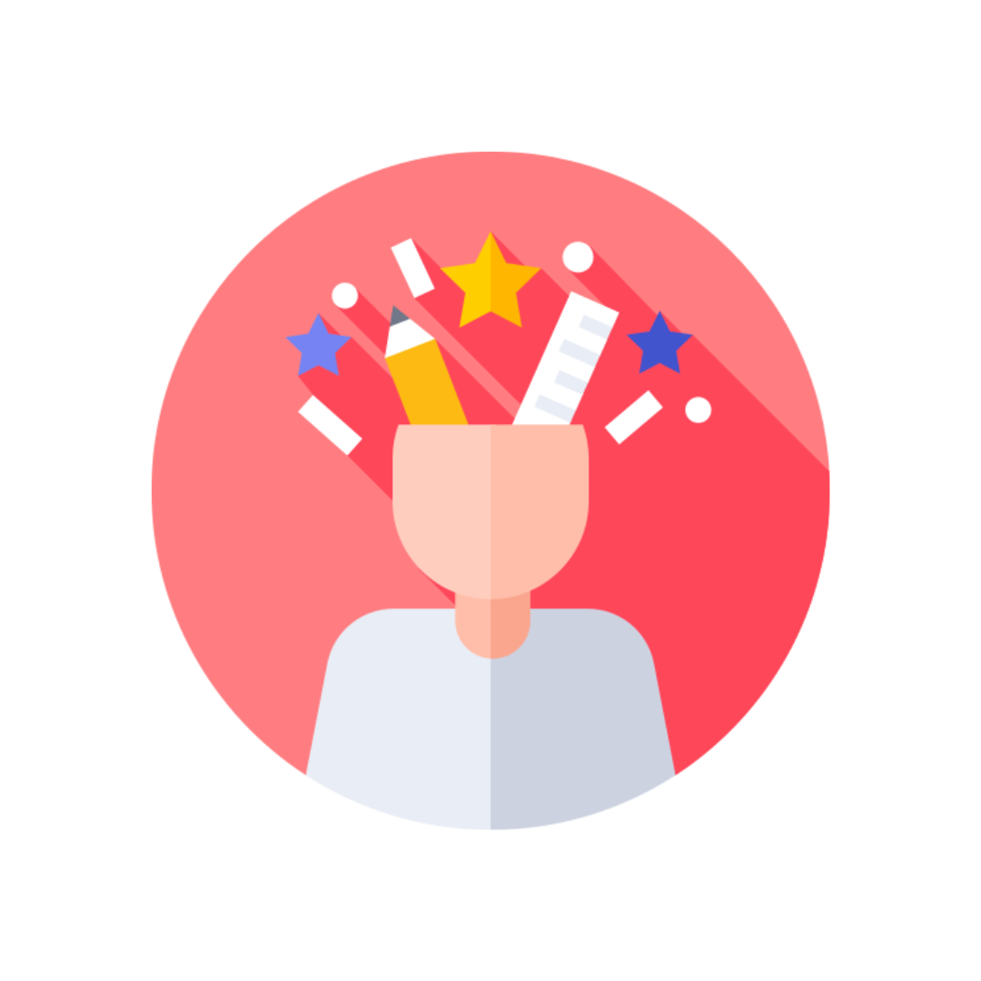 Persona con la cabeza abierta, lápices, regla y estrellas en círculo rosa, simbolizando la creatividad.