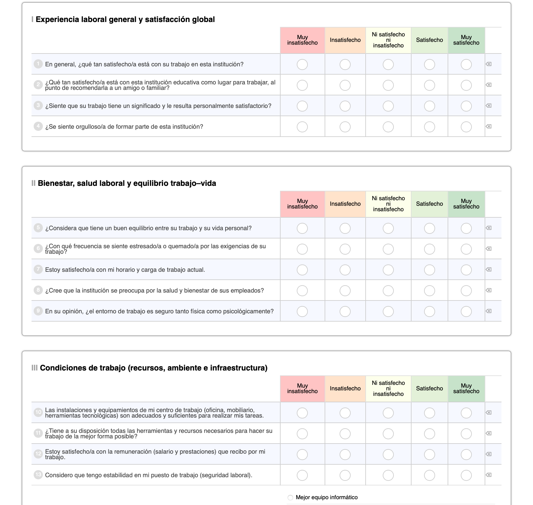 Un cuestionario con filas y columnas, y casillas de verificación para seleccionar respuestas a diversas preguntas relacionadas con la salud.