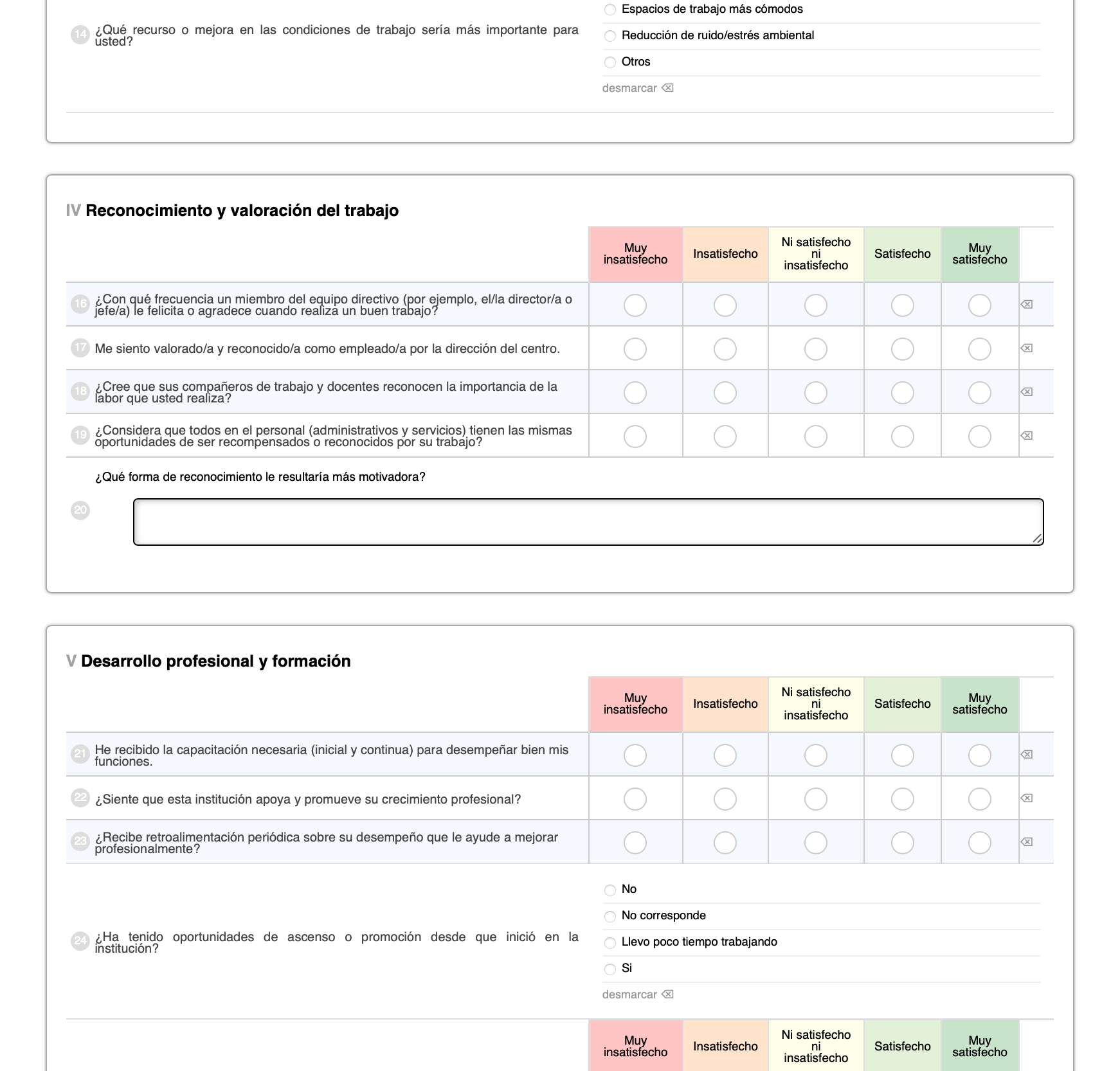 Un documento con listas de verificación y escalas de calificación, categorizadas por secciones, utilizando cuadros codificados por colores.