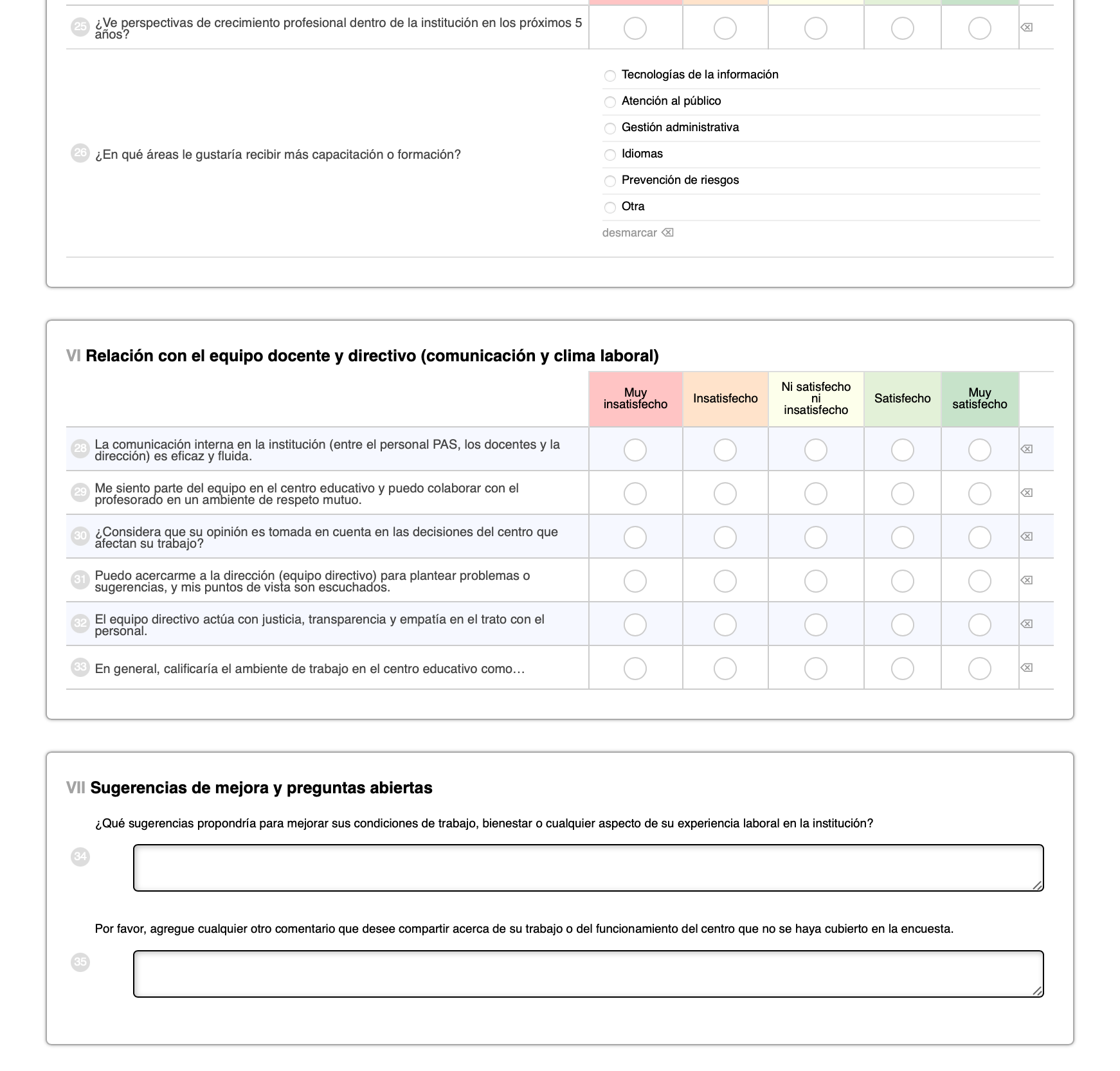 Formulario de encuesta: calificación de satisfacción del cliente, con opciones para comentarios.