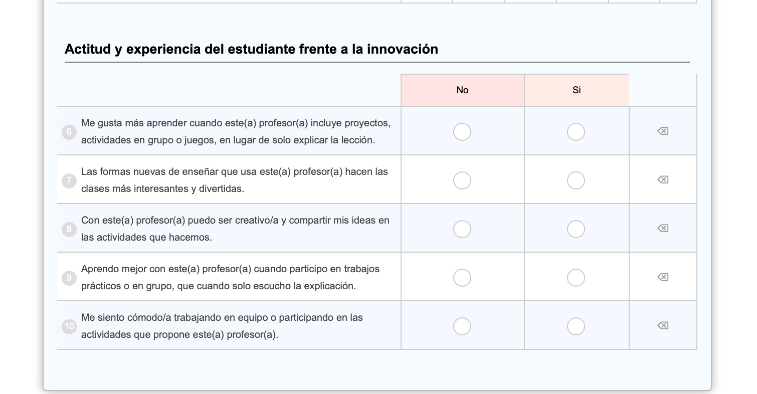Encuesta con filas y columnas, selección de opciones. Celdas resaltadas en verde y amarillo, opciones.