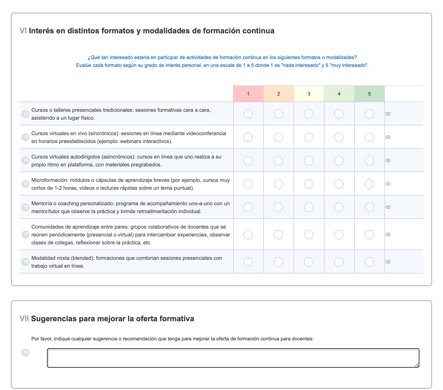 Captura de pantalla de dos secciones de la encuesta con preguntas de opción múltiple y opciones de botón de opción correspondientes.