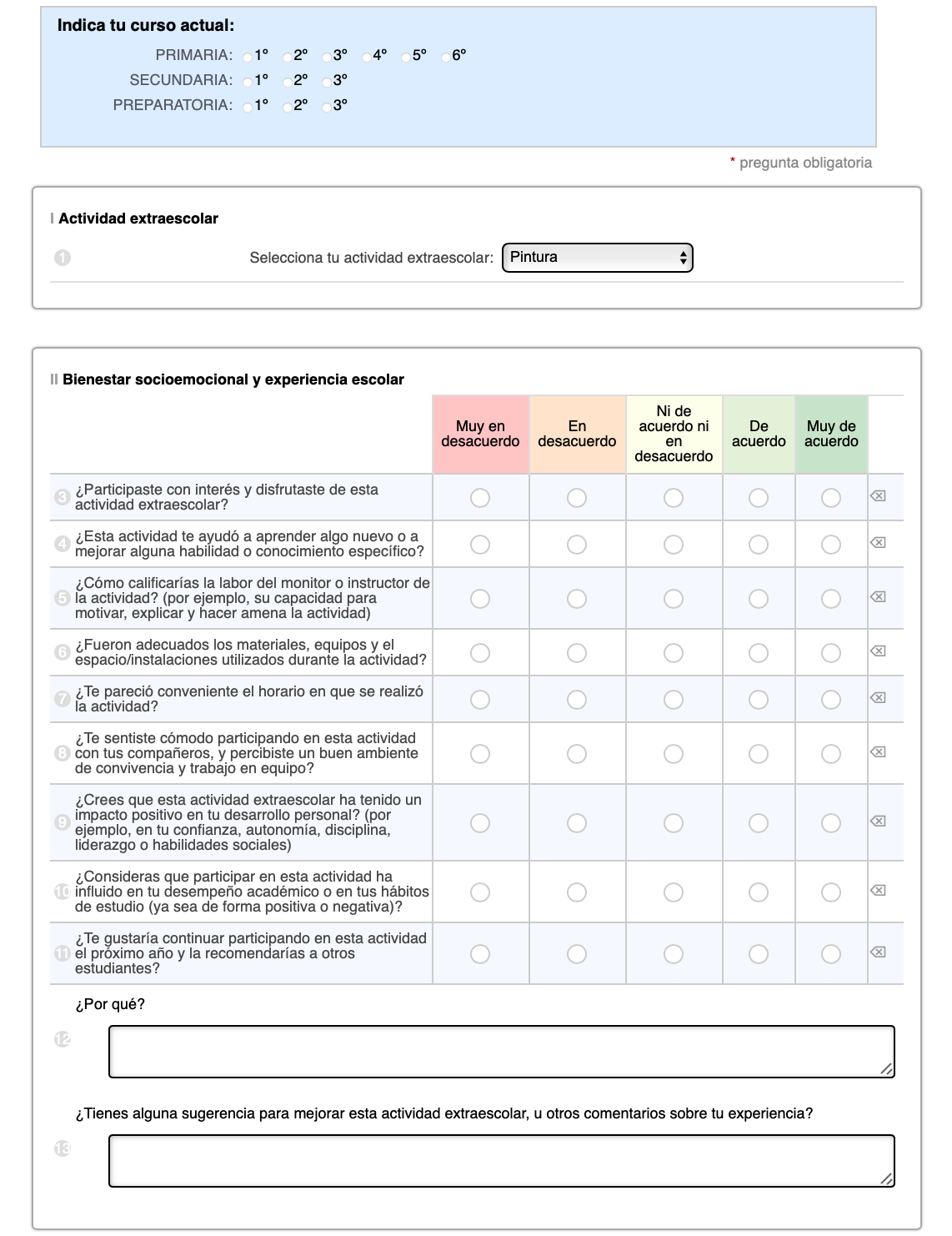 Encuesta con filas de preguntas y columnas para respuestas, con varias respuestas marcadas.