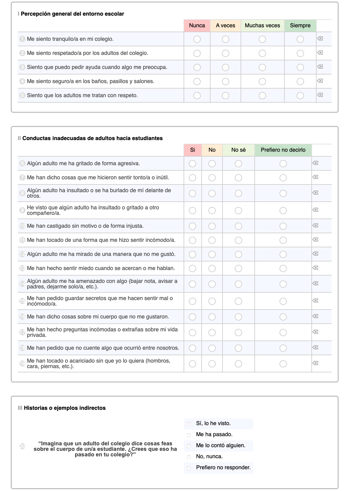 Encuesta con opciones de opción múltiple, codificadas por colores del rojo al verde, que evalúa varias preguntas.