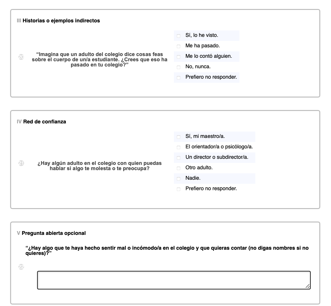 Formulario con botones de opción que evalúa diversas afirmaciones. Incluye secciones con opciones de respuesta codificadas por colores.