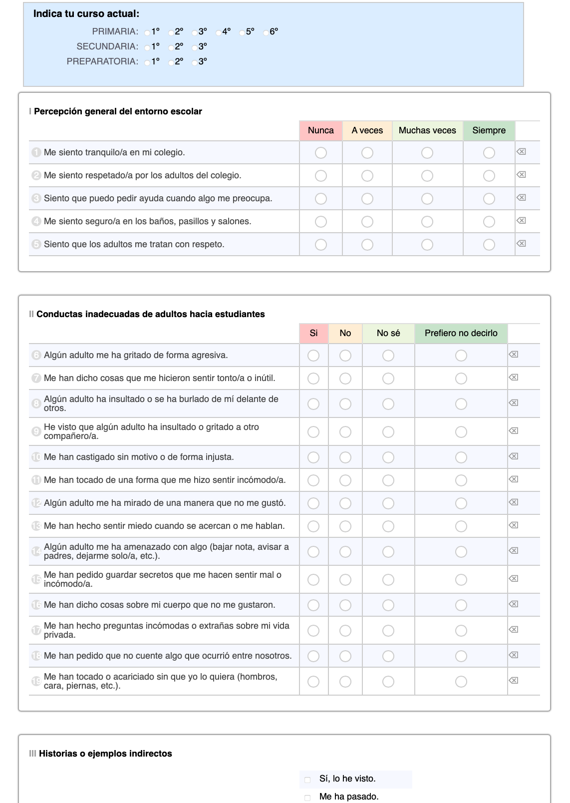 Formulario de encuesta con botones de opción para evaluar el bienestar y la satisfacción del paciente, categorizados por colores de calificación.