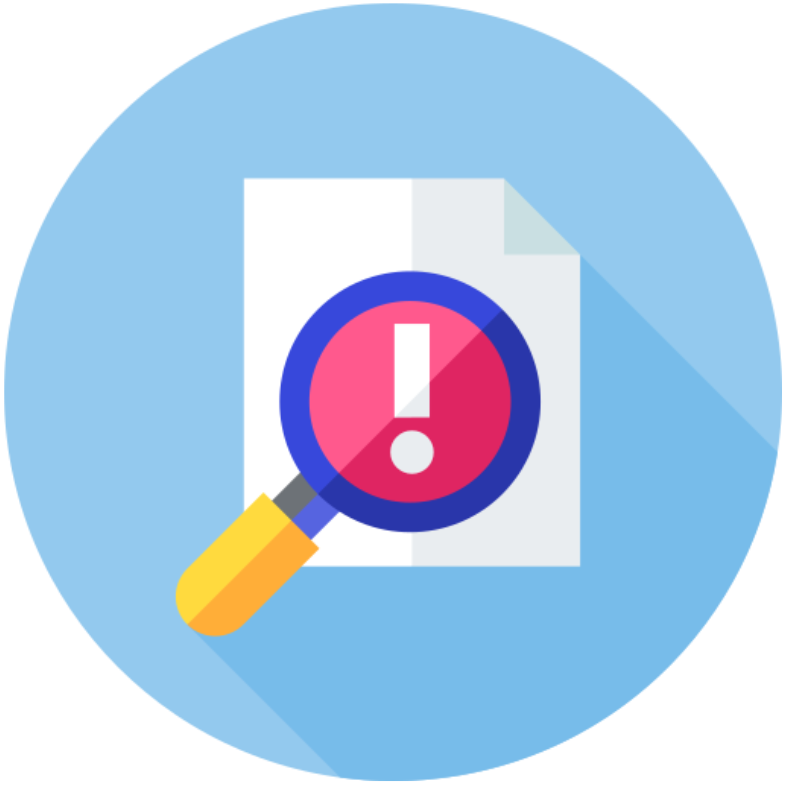 Lupa sobre un documento con un signo de exclamación dentro de un círculo rojo, sugiriendo revisión y advertencia.