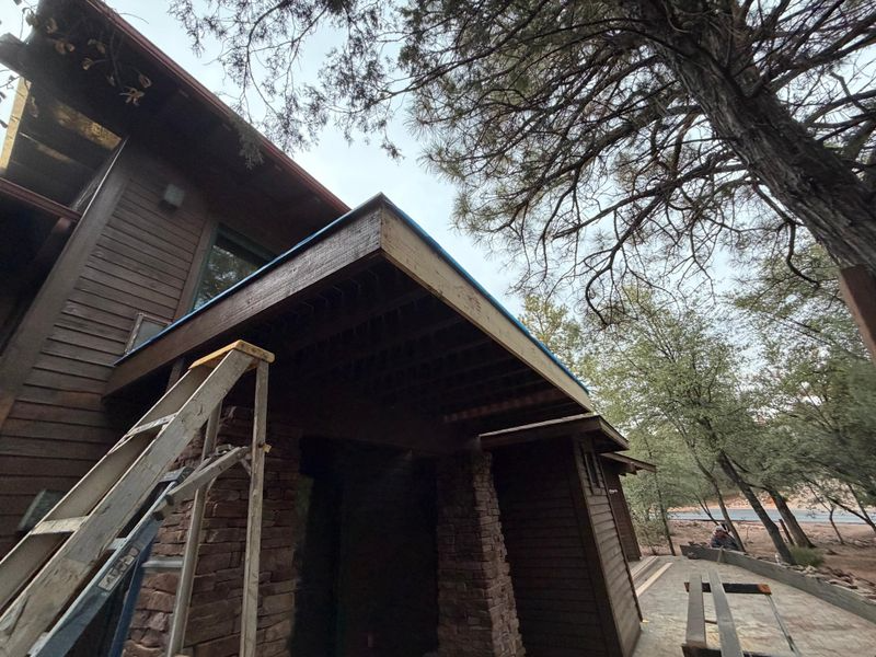 Wooden cabin with a steep porch roof and ladder, viewed from below among tall trees