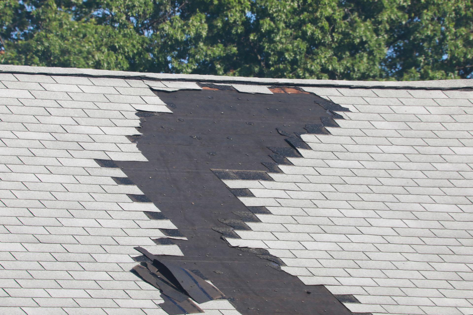 Storm-damaged roof with missing shingles, in need of roofer repair service, with trees behind.