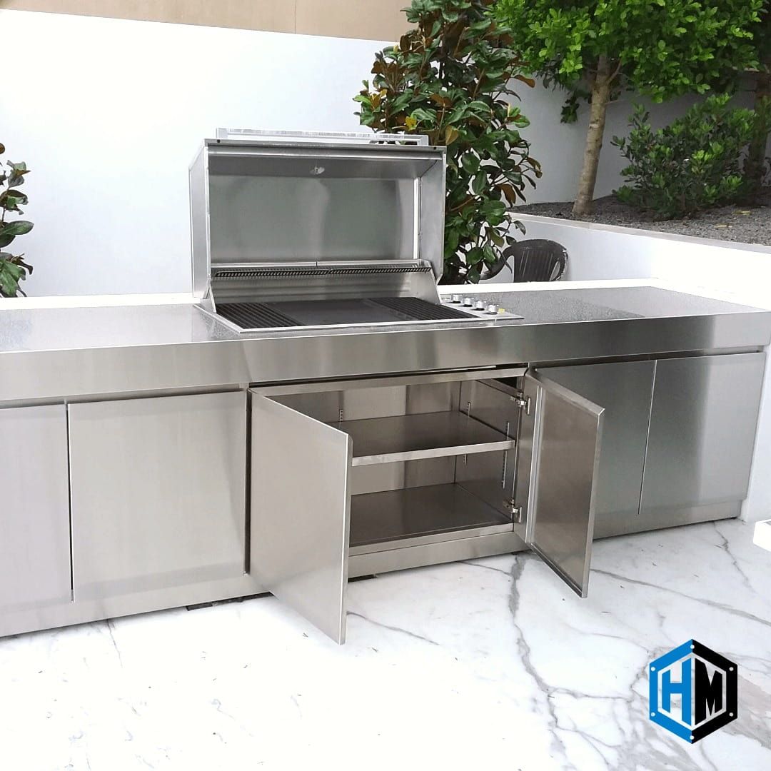 Stainless Steel Outdoor Kitchen With Grill and Storage Cabinets — Highlander Metals in Parramatta, NSW