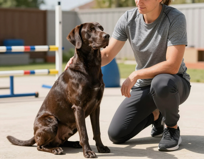 Perro obediente junto a su entrenador