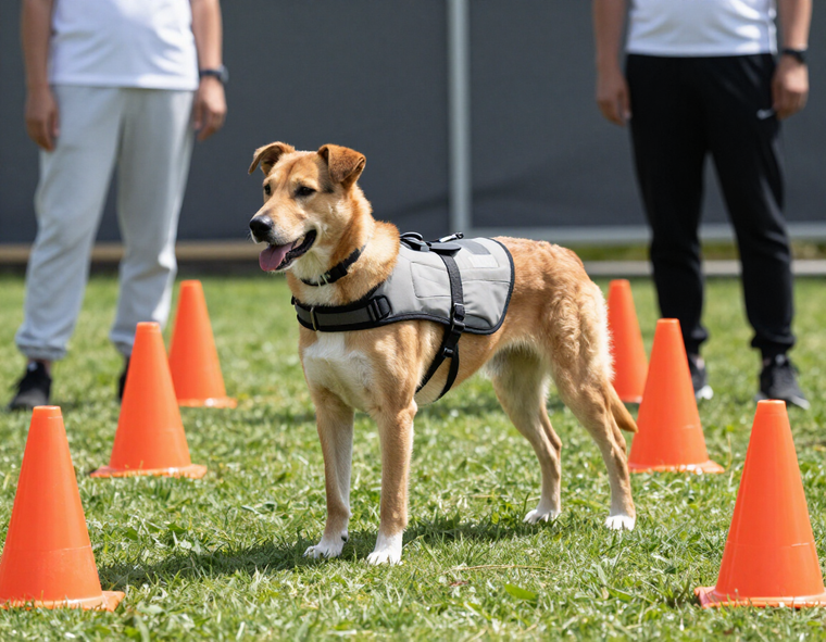 Perro en entrenamiento profesional con instructor