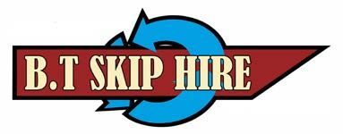 A logo for b.t skip hire with a blue arrow.