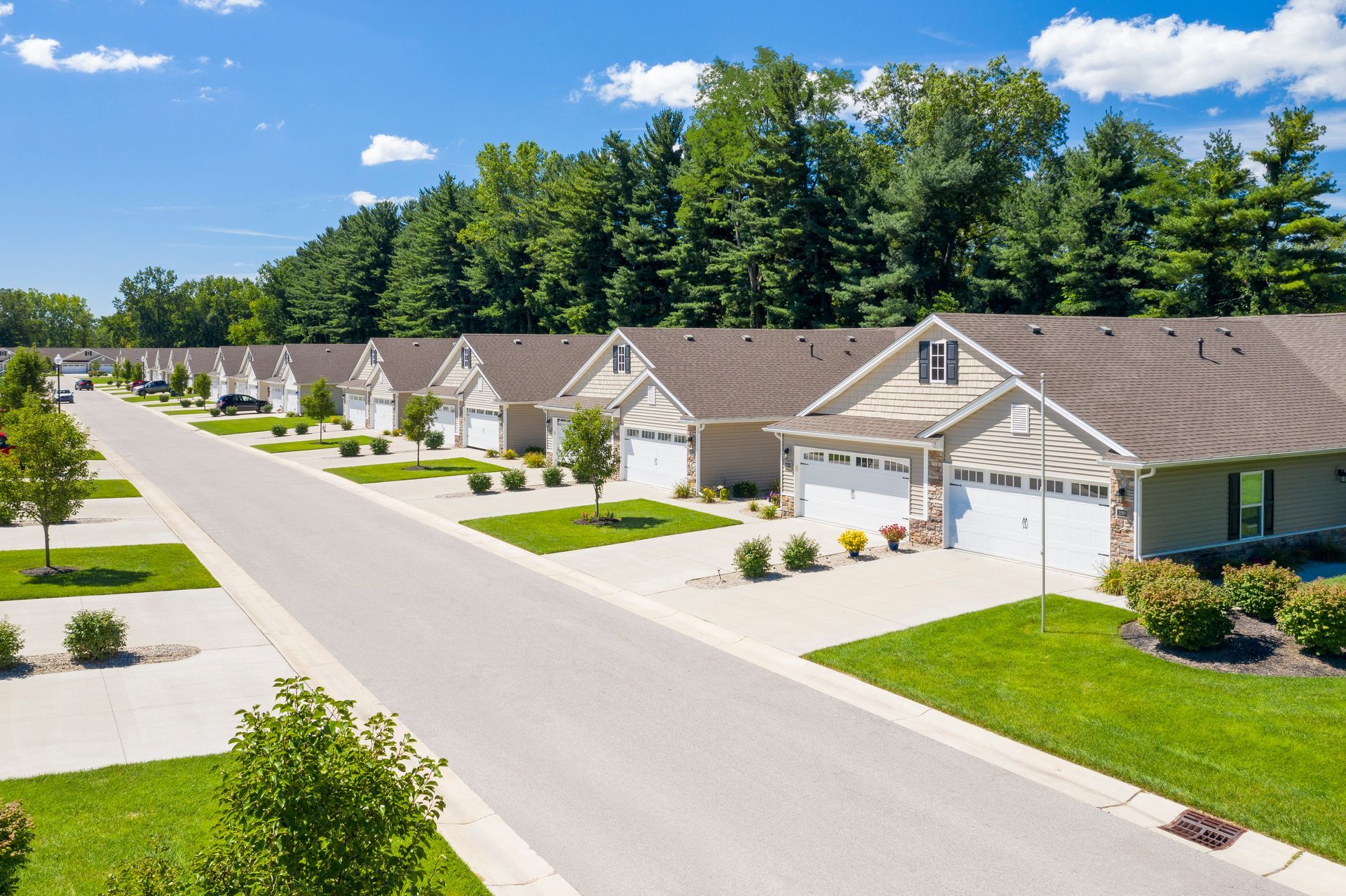 Row of houses with attached garages on a sunny day. Green grass, trees, and blue sky.
