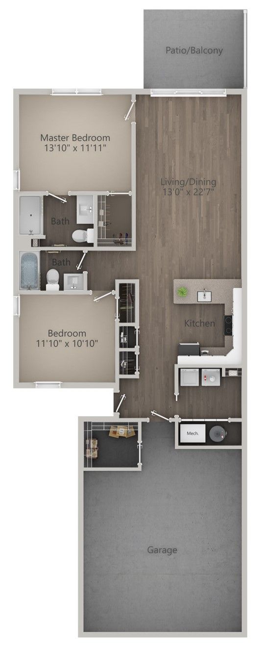 Floor plan of a residence with a master bedroom, bathroom, second bedroom, and living space.
