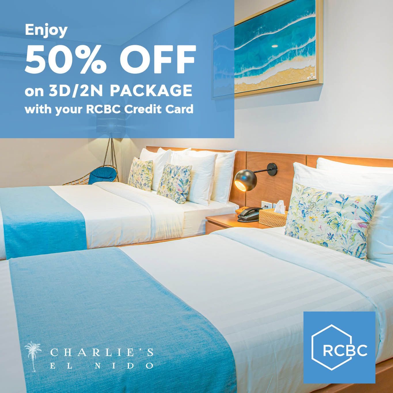 RCBC cardholders save up to 50% at Charlie's El Nido. Discounted accommodations for PNB credit, debit, prepaid cards.