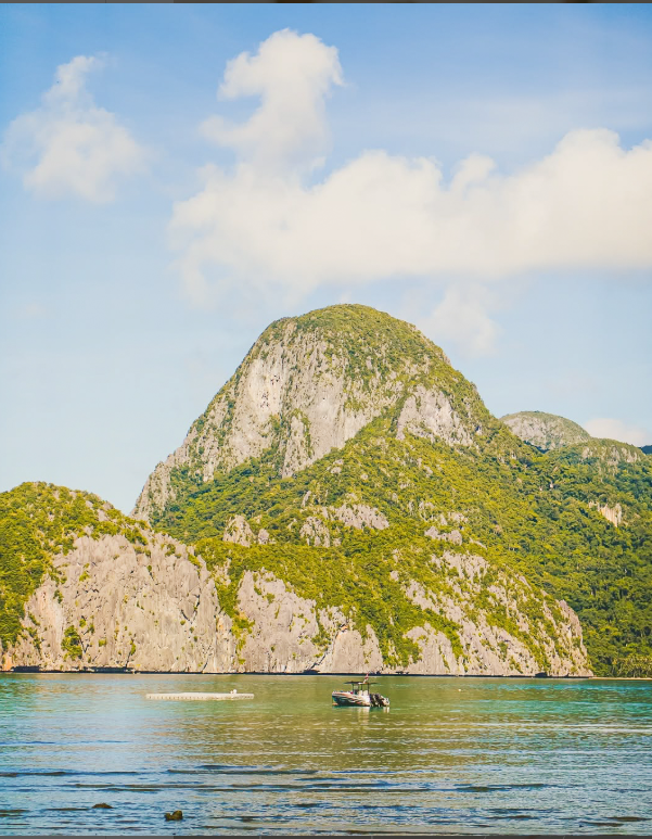 Boat on water in front of lush green island and light gray cliffs under a blue sky.