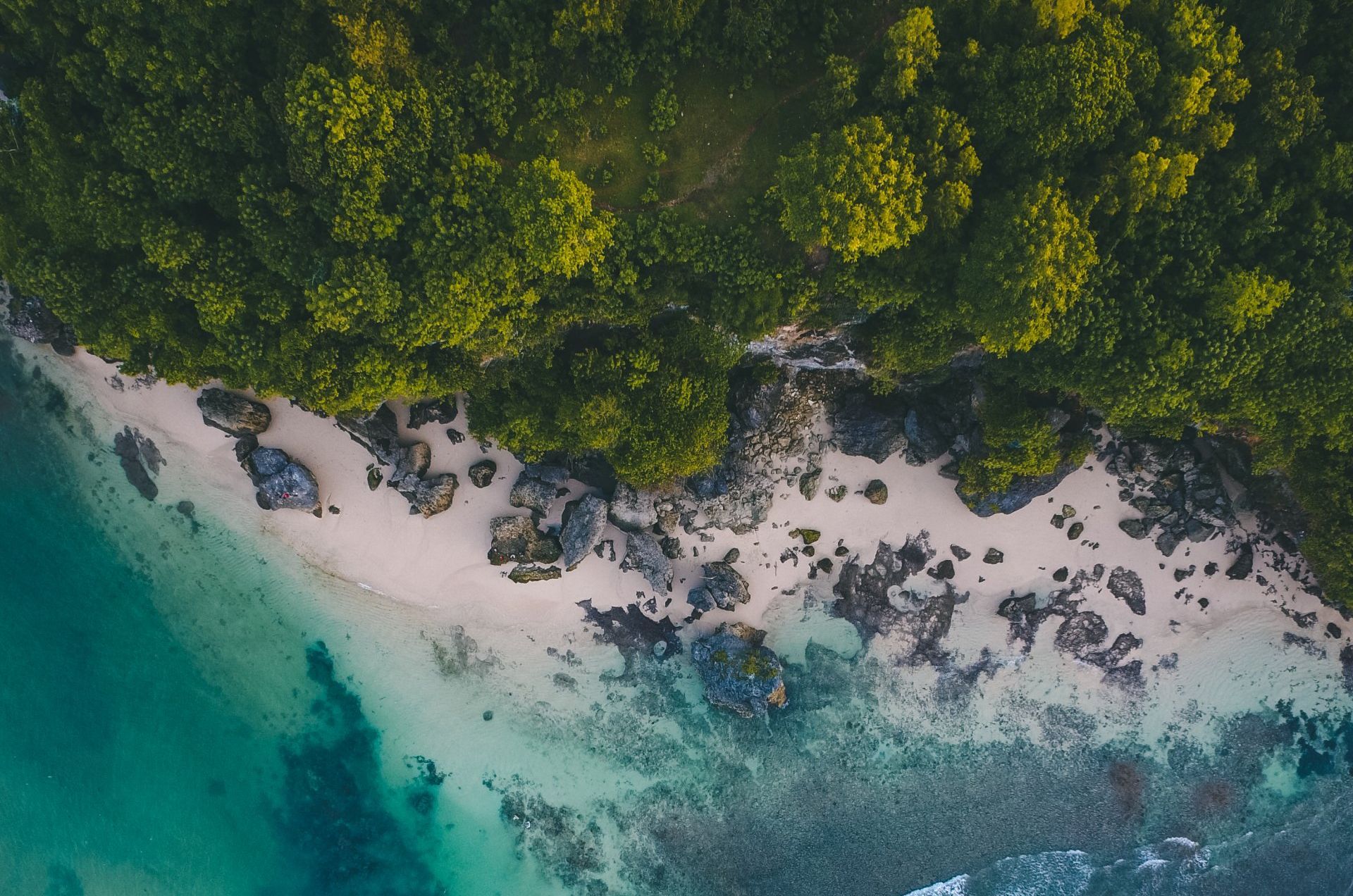 Aerial view of tropical beach with white sand, turquoise water, and lush green trees.