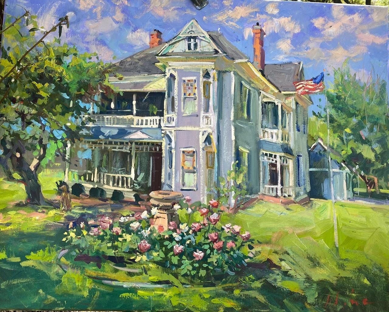 A painting of a large house with a porch and flowers in front of it.
