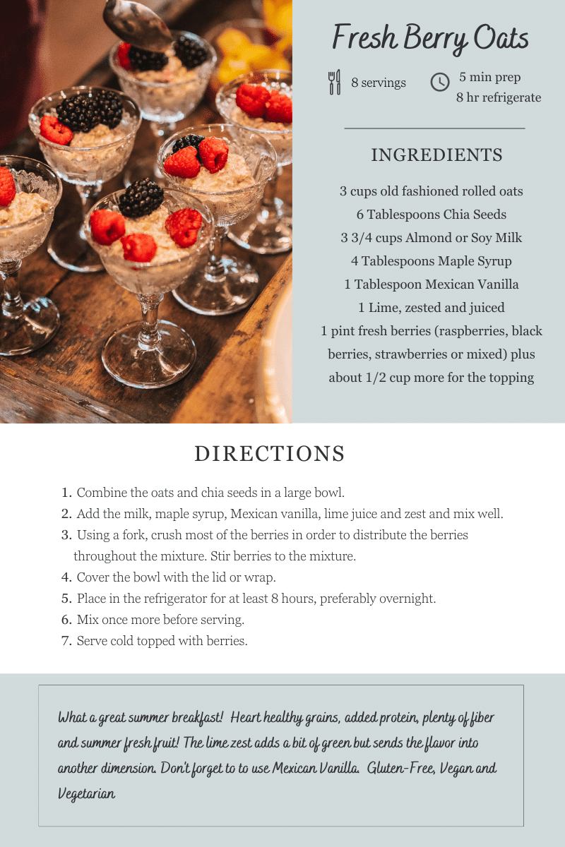 A recipe for fresh berry oats with ingredients and directions.