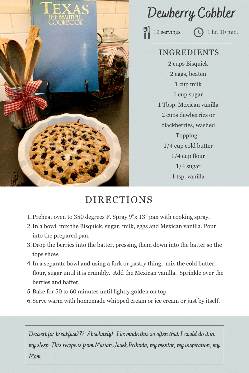 A recipe for a dessert with a bowl of blueberries on a table.