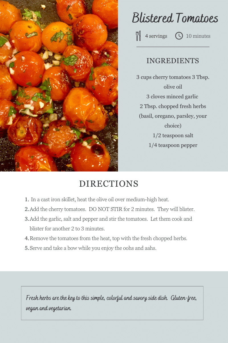 A recipe for blistered tomatoes with ingredients and directions.