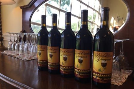 Five bottles of wine are lined up on a bar