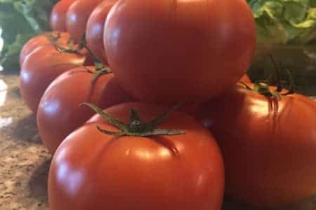 A bunch of tomatoes sitting on top of a counter.