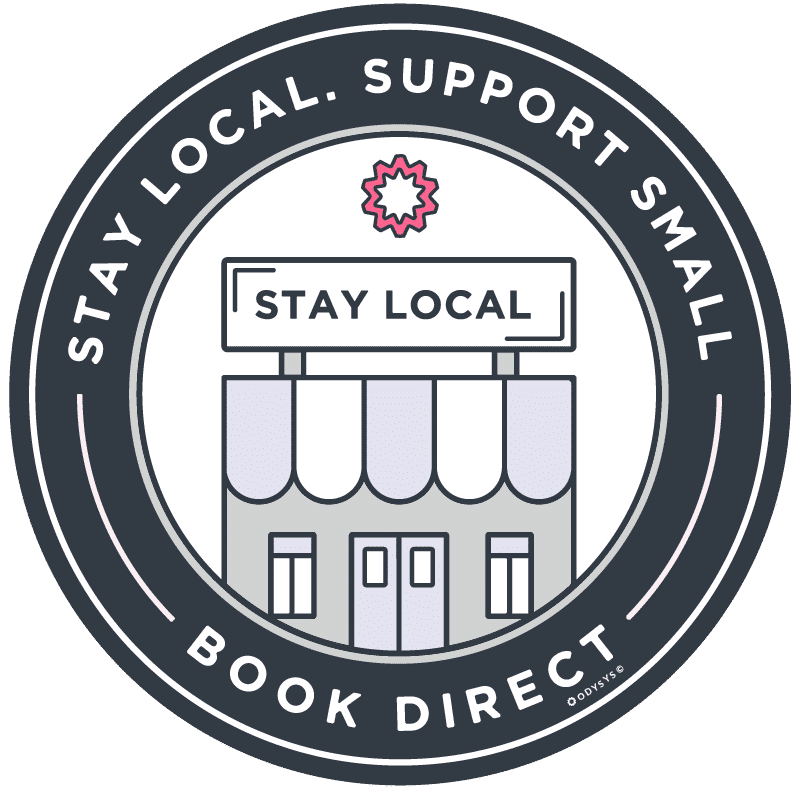 A sticker that says stay local support small book direct