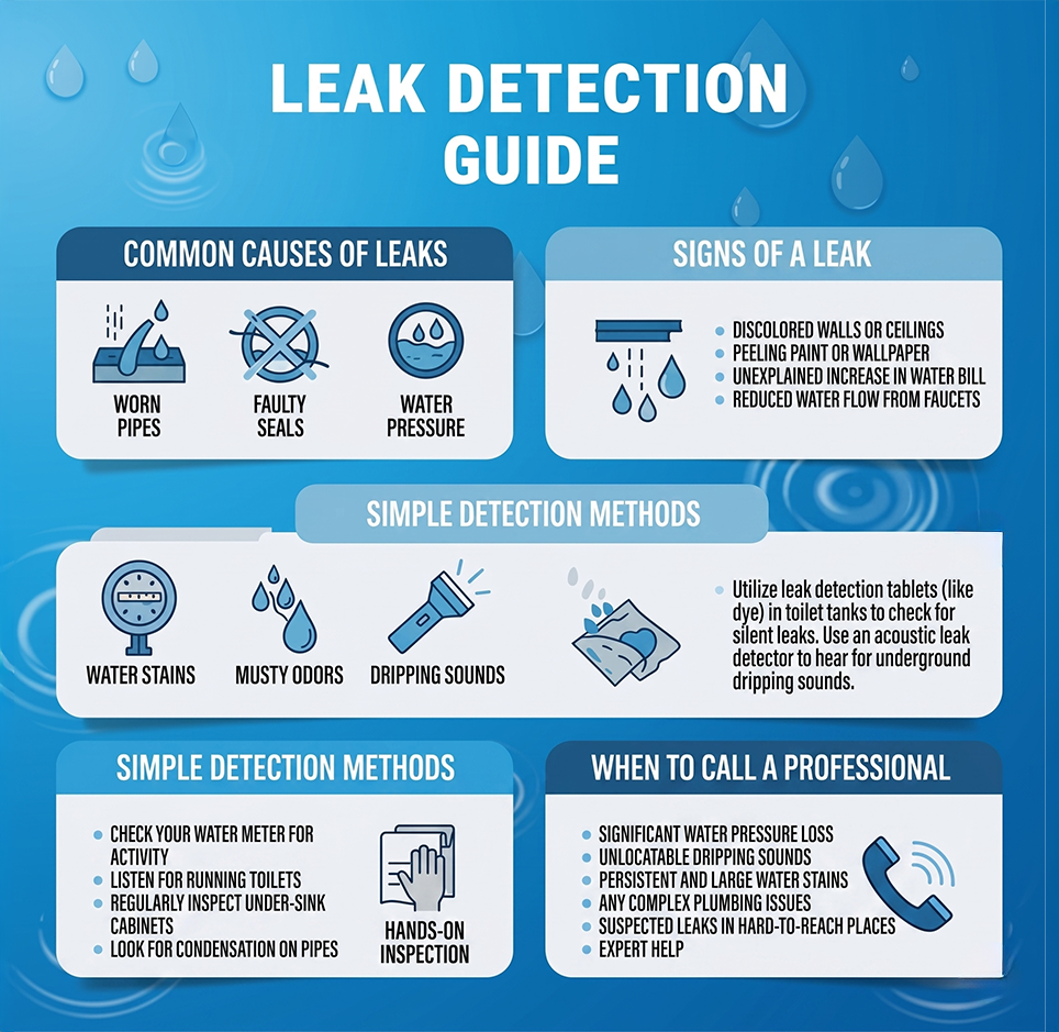 Blue leak detection guide infographic with causes, signs, simple detection methods, and when to call a professional