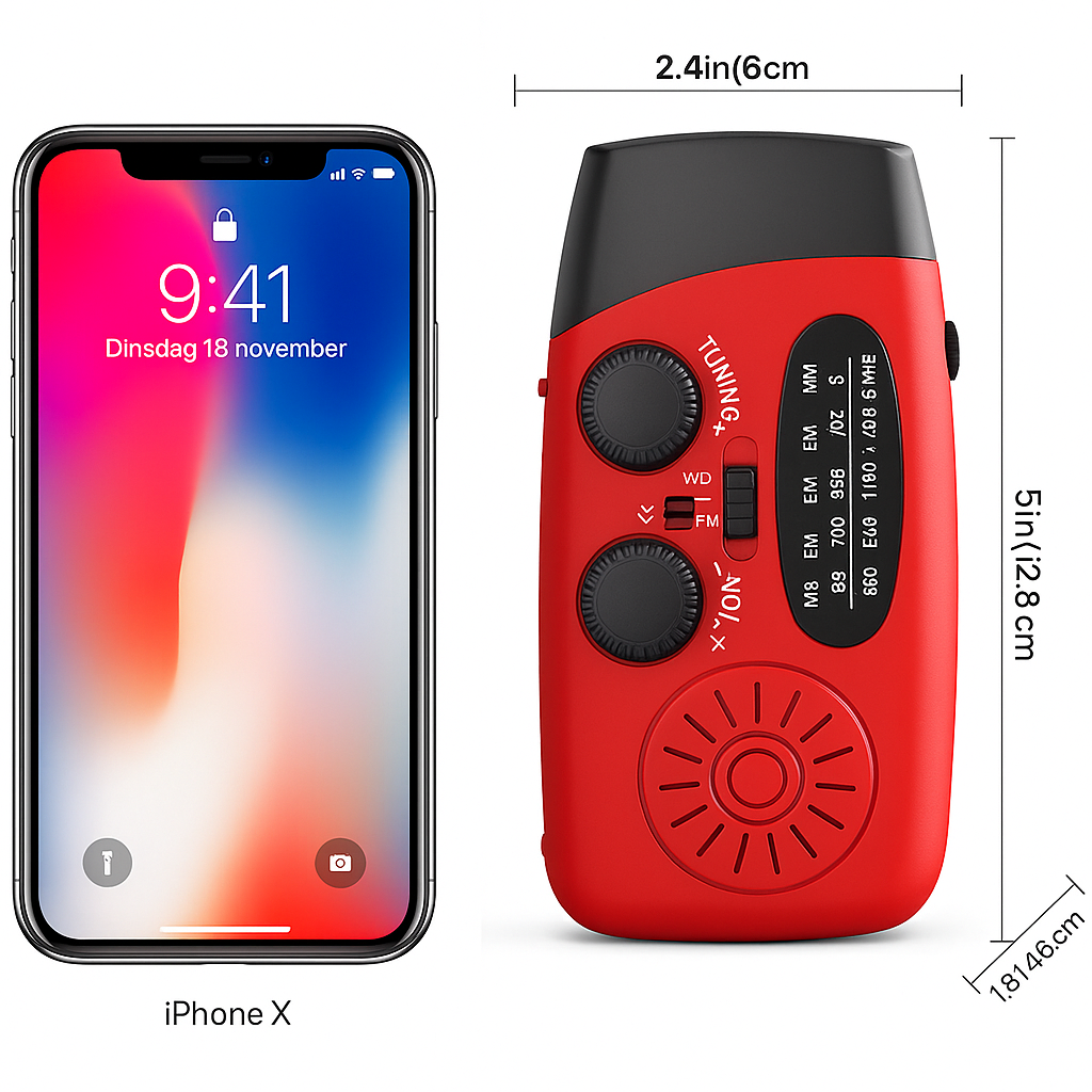 Rode noodradio met handslinger naast een iPhone X. De radio is 12,7 cm hoog en 6,1 cm breed.