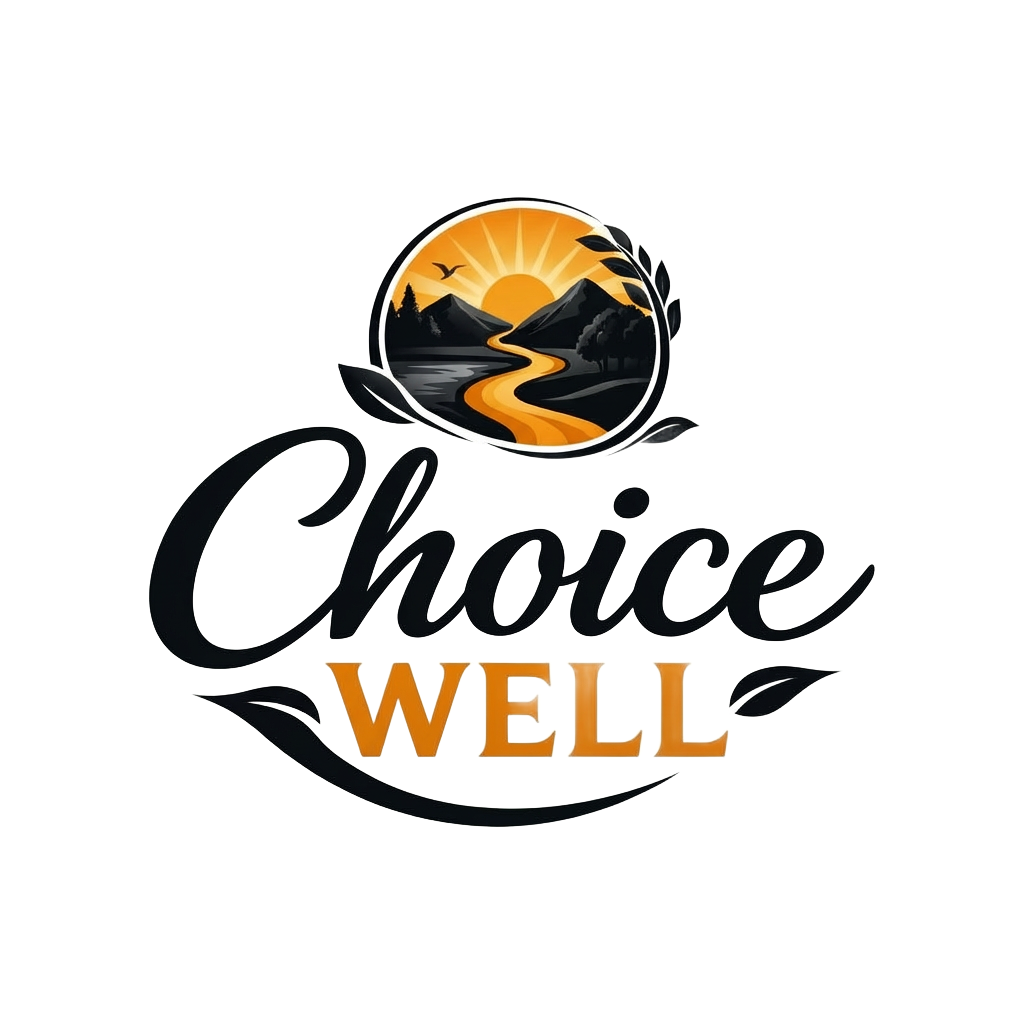 Logo van een landschap met groene heuvels, een pad, een meer en de tekst 