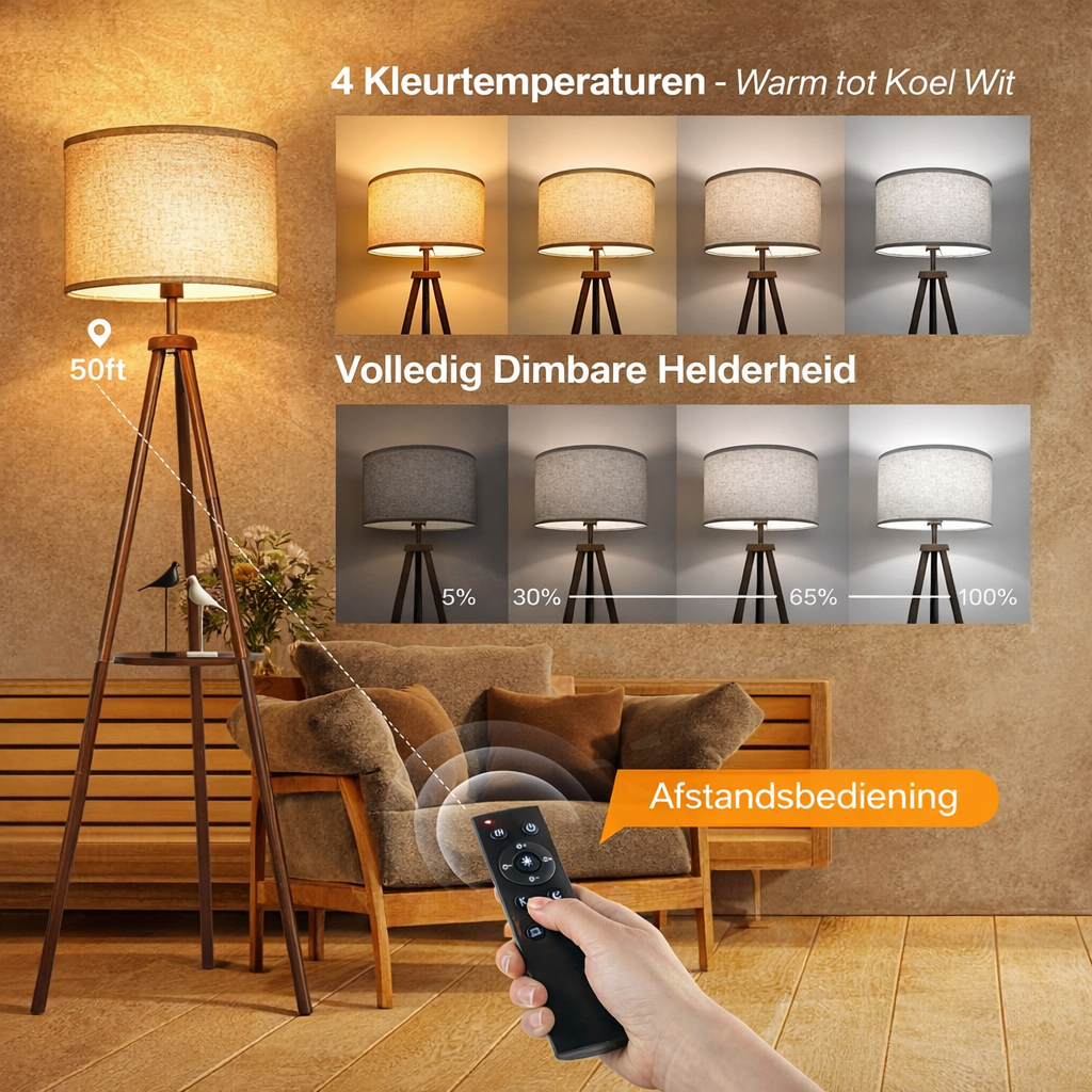Houten vloerlamp op statief met afstandsbediening, met 4 lichtkleuren en dimopties.