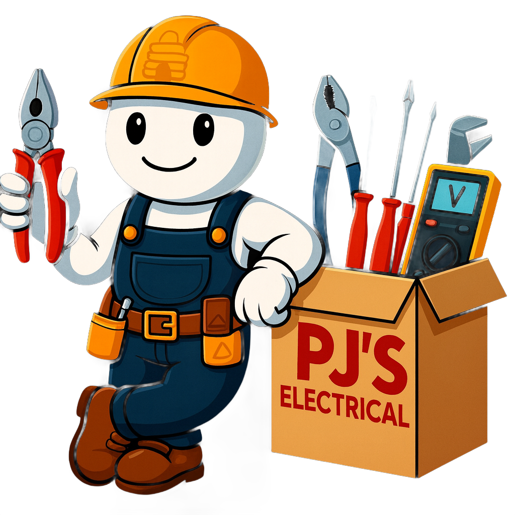 Cartoon electrician in overalls and hardhat, holding wrench, leaning on toolbox labeled