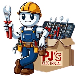 Cartoon electrician in overalls and hardhat, holding wrench, leaning on toolbox labeled 