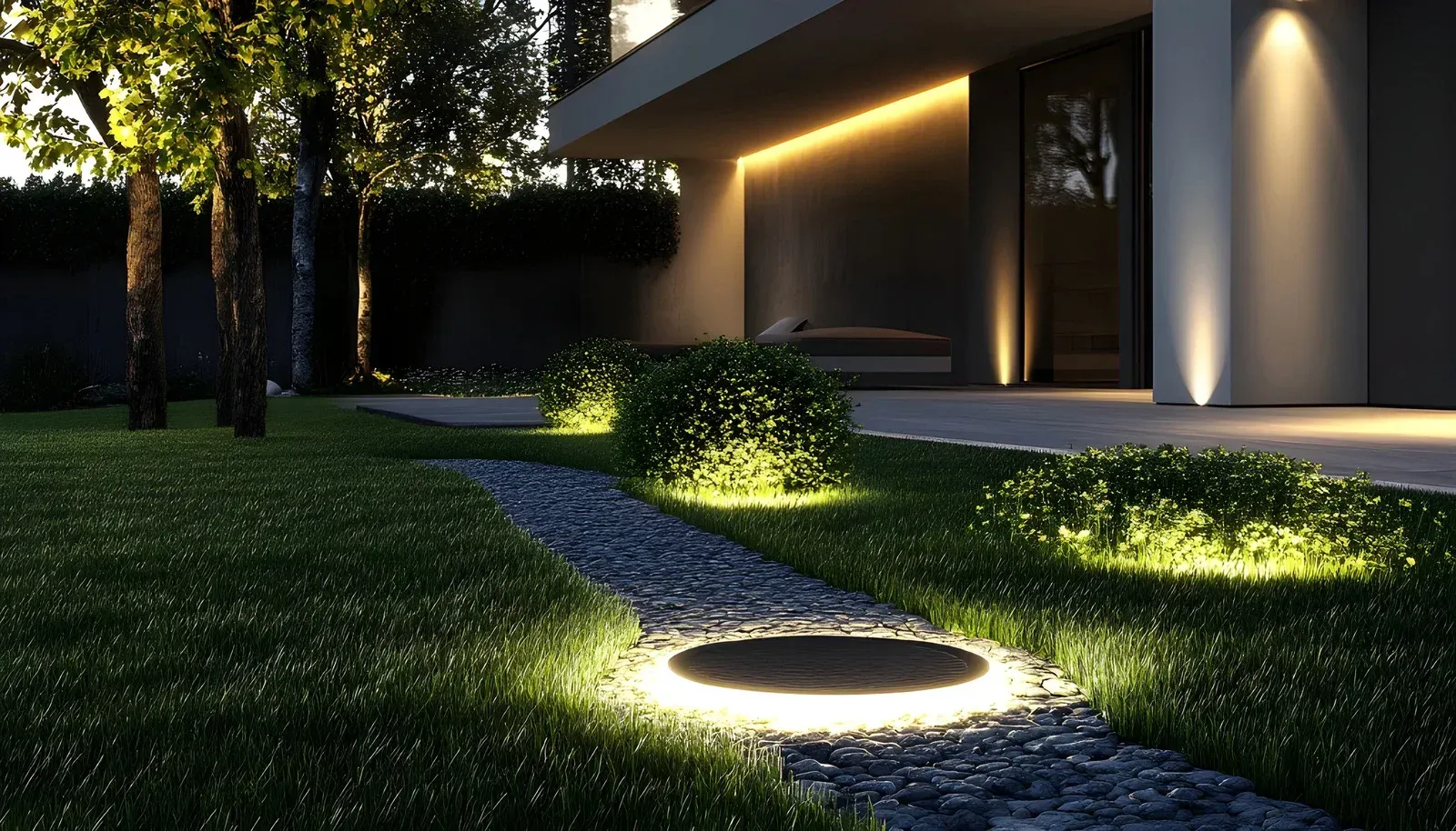 Pathway through a yard illuminated by ground lights, leading to a modern home.