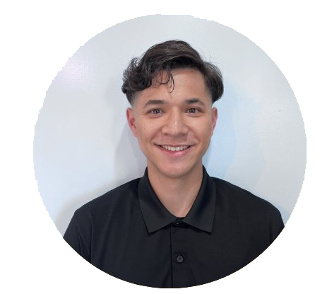 A young man in a black shirt is smiling in a circle.