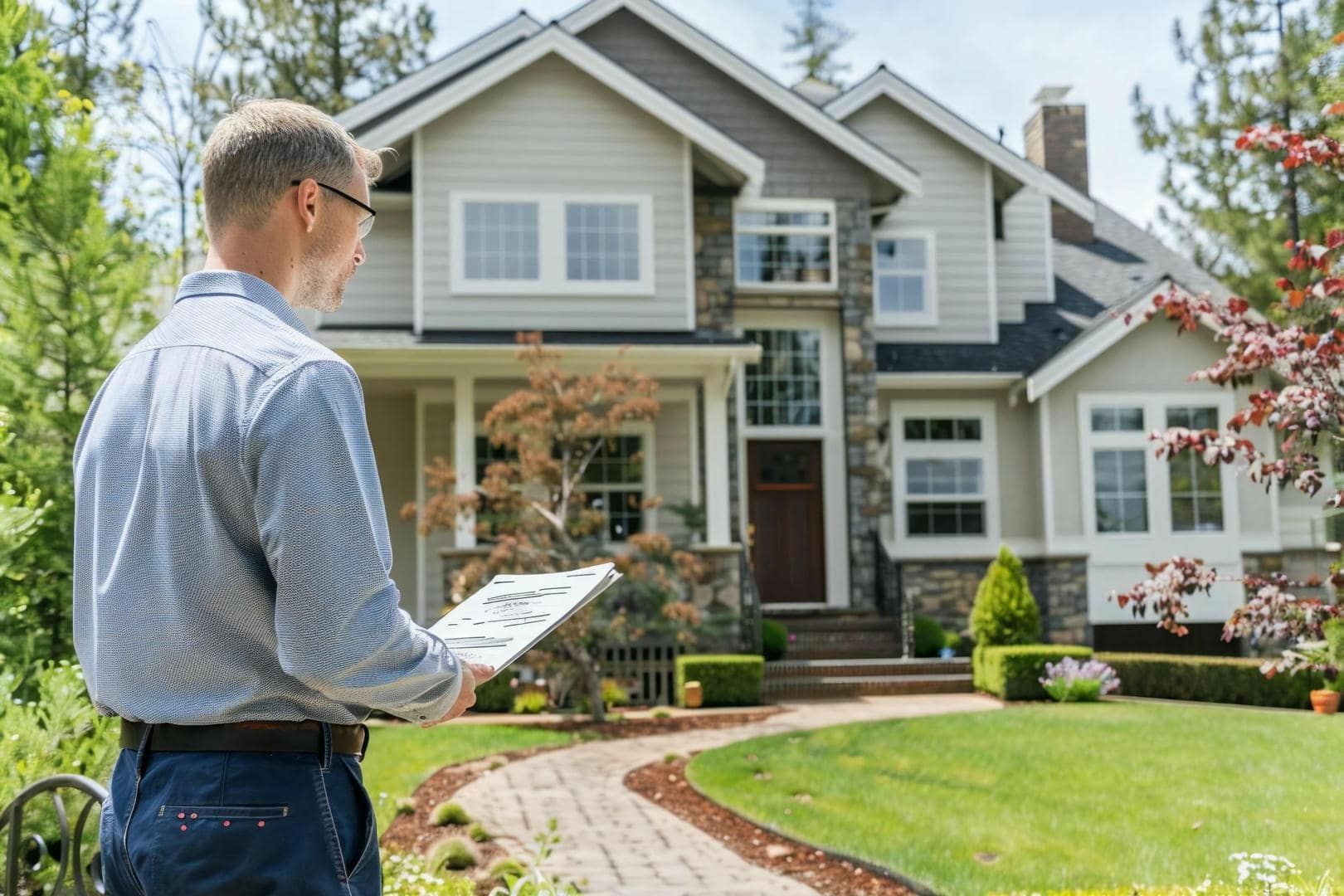 A man is standing in front of a large house holding a clipboard.