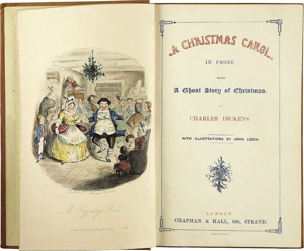 A Christmas Carol book cover with illustrations: people dancing under mistletoe; title page with text and snowflake.
