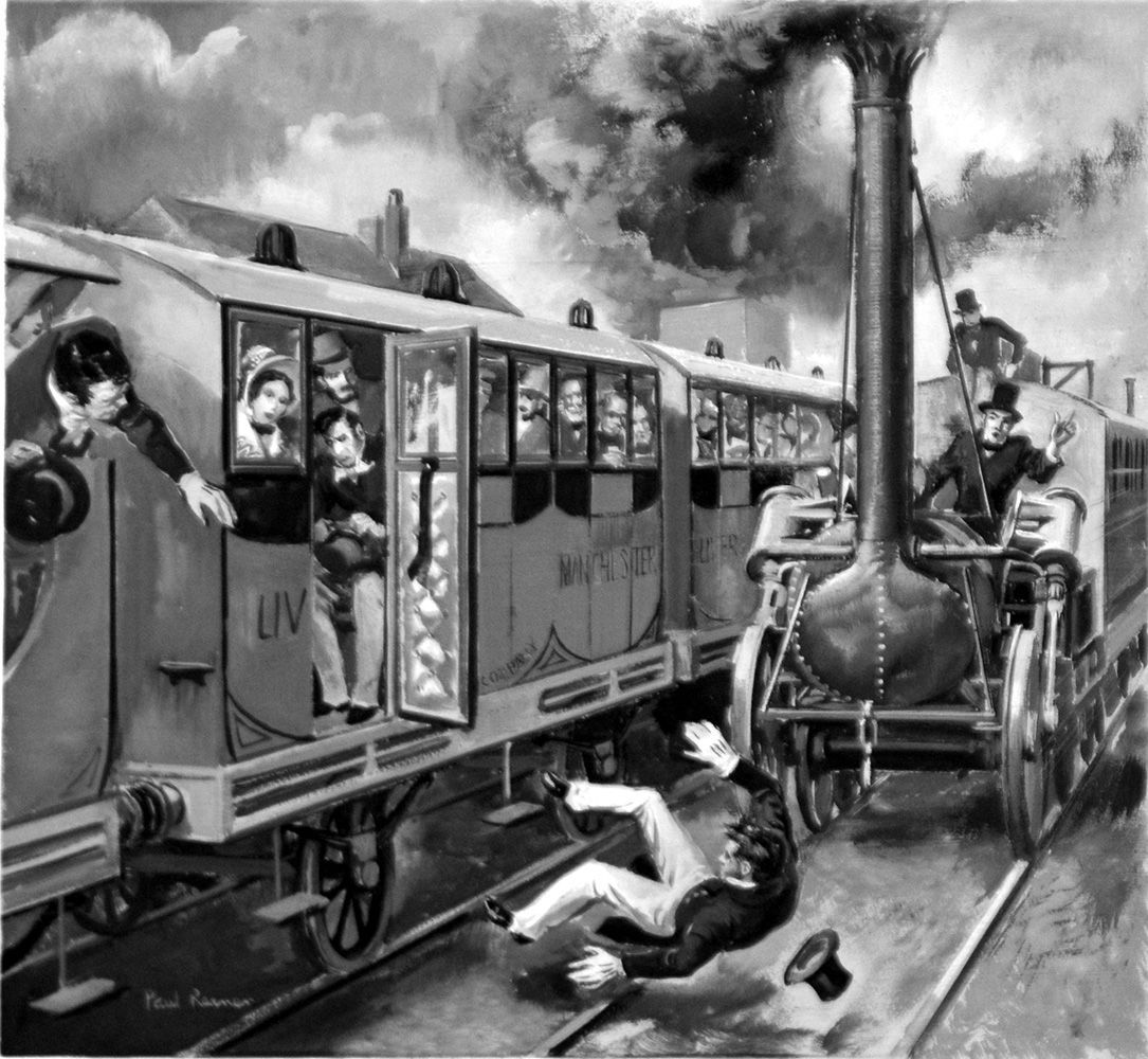 Painting of a train accident: A man falls in front of the locomotive. Passengers watch from the car.