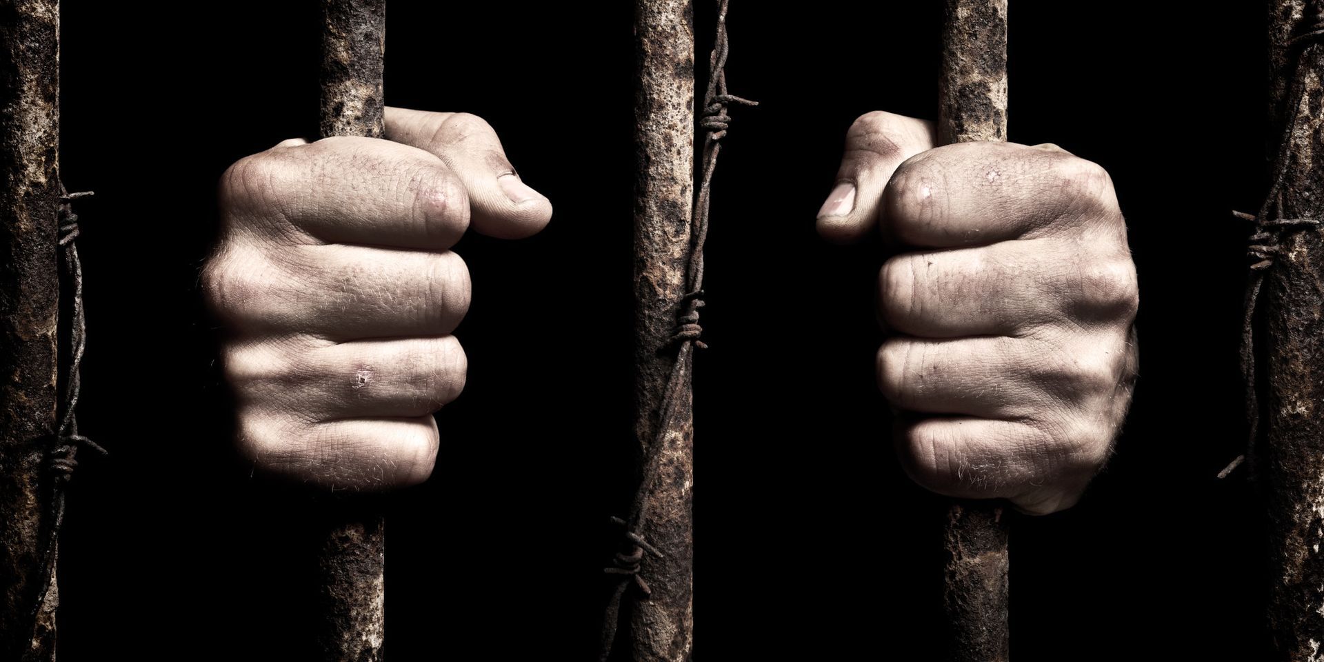Two clenched fists gripping jail bars.