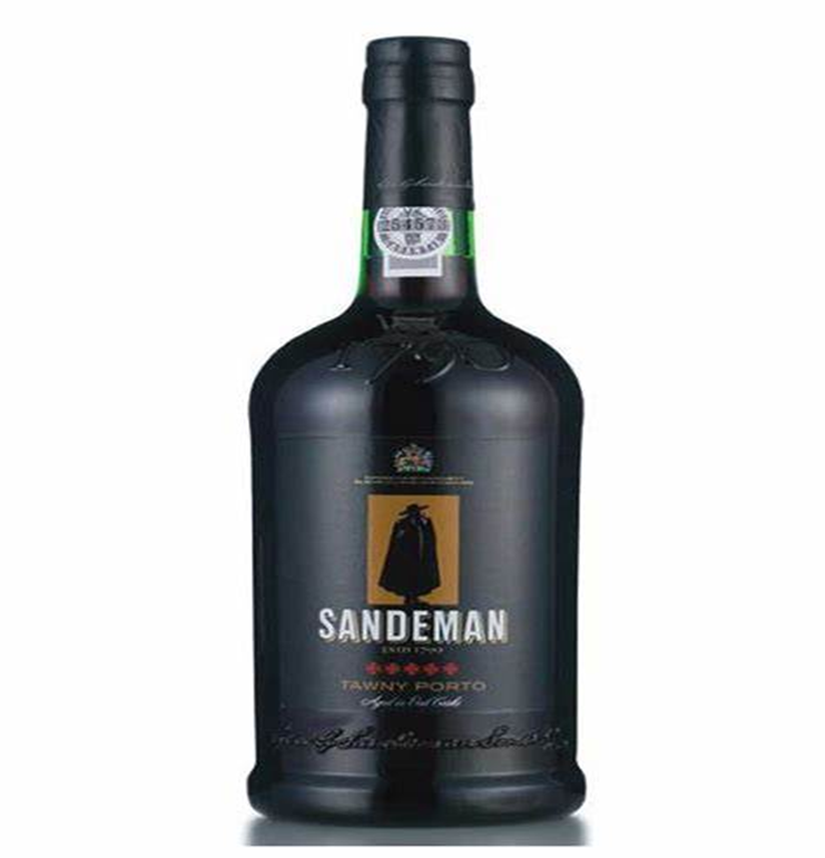Bottle of Sandeman Tawny Port, dark glass, black label with gold and green accents.