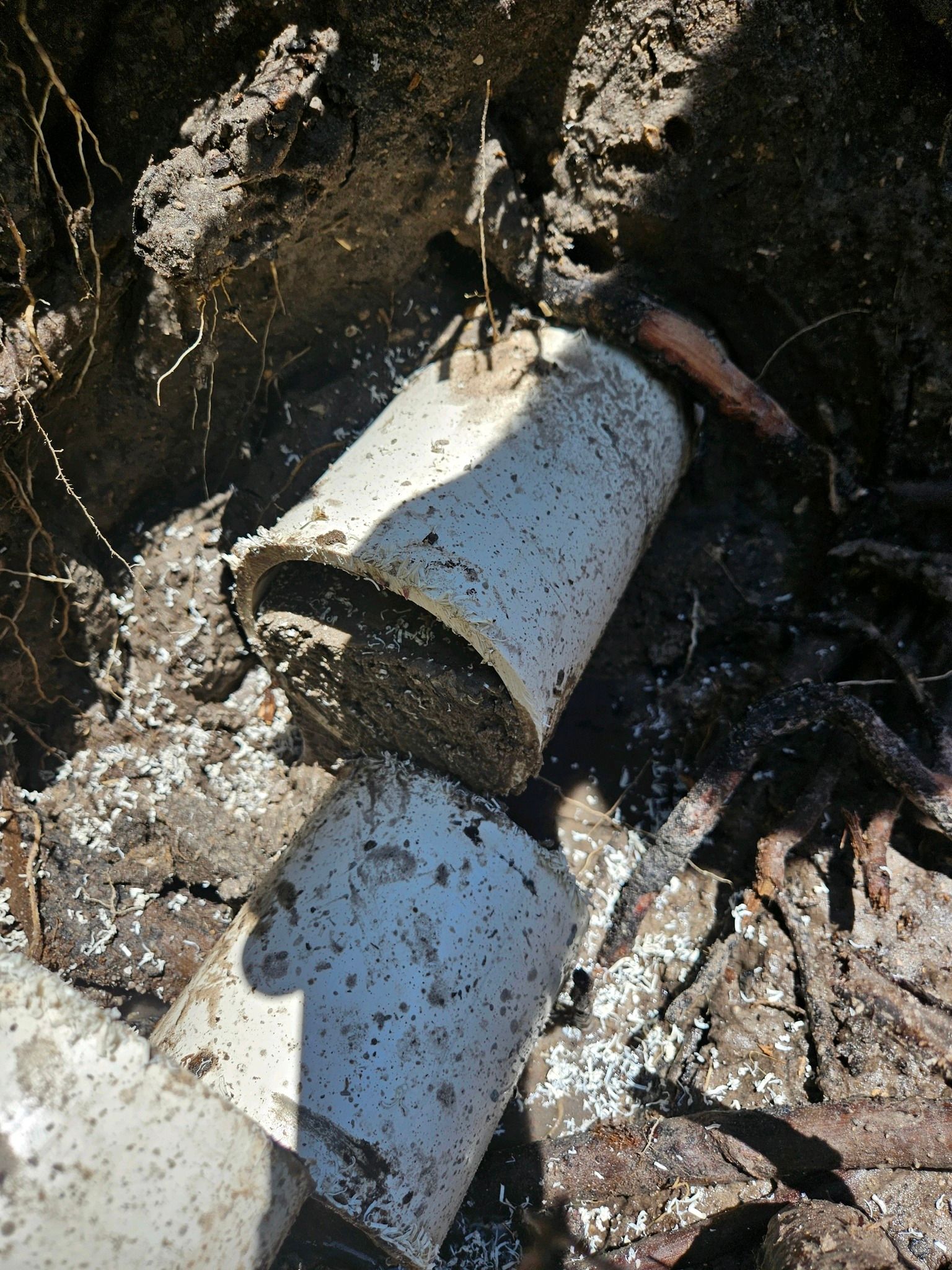 A broken white PVC pipe is exposed in a hole in the dirt, surrounded by dark soil and organic debris.