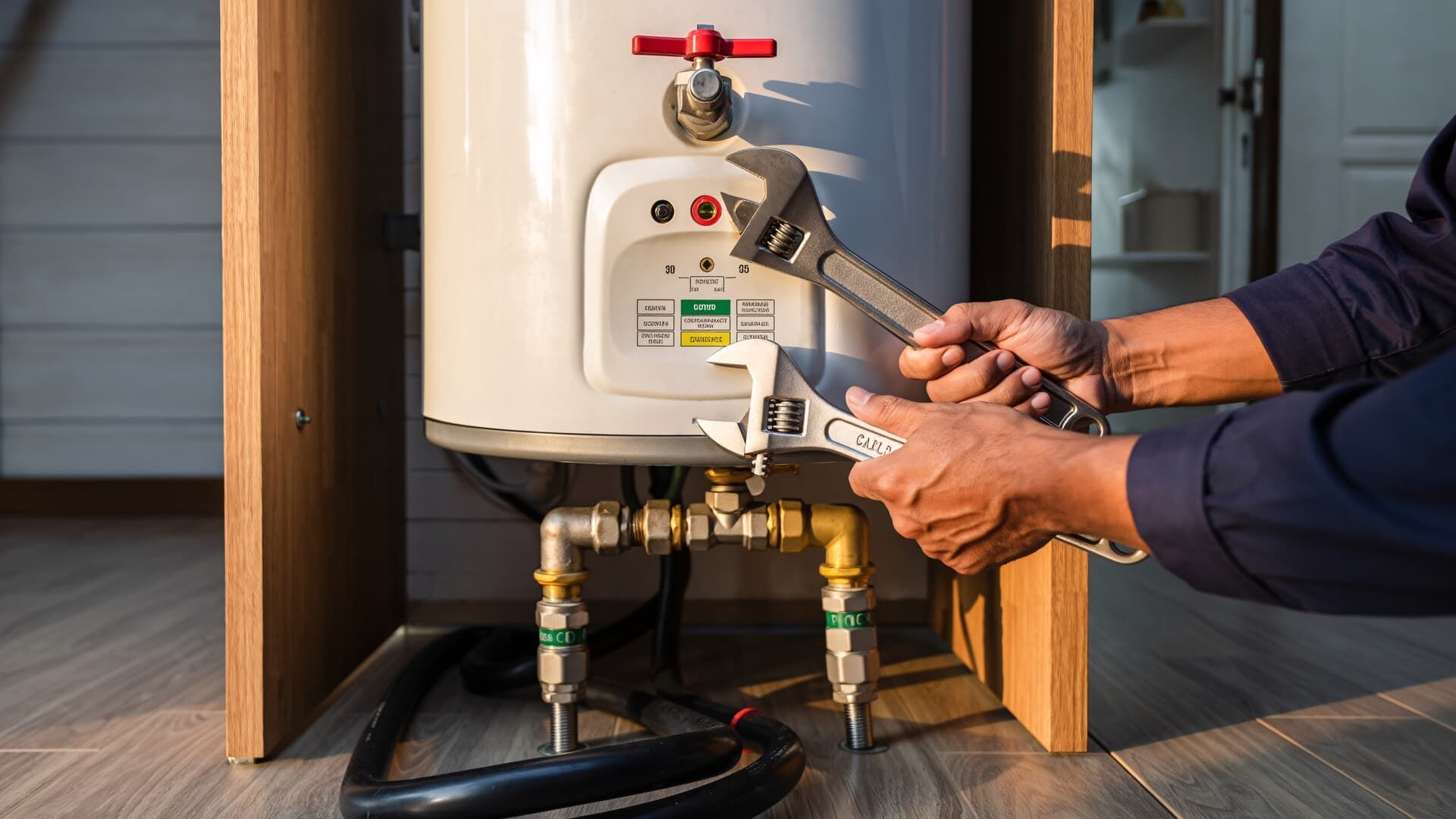 A plumber holding an adjustable wrench while repairing a white water heater in a home setting.