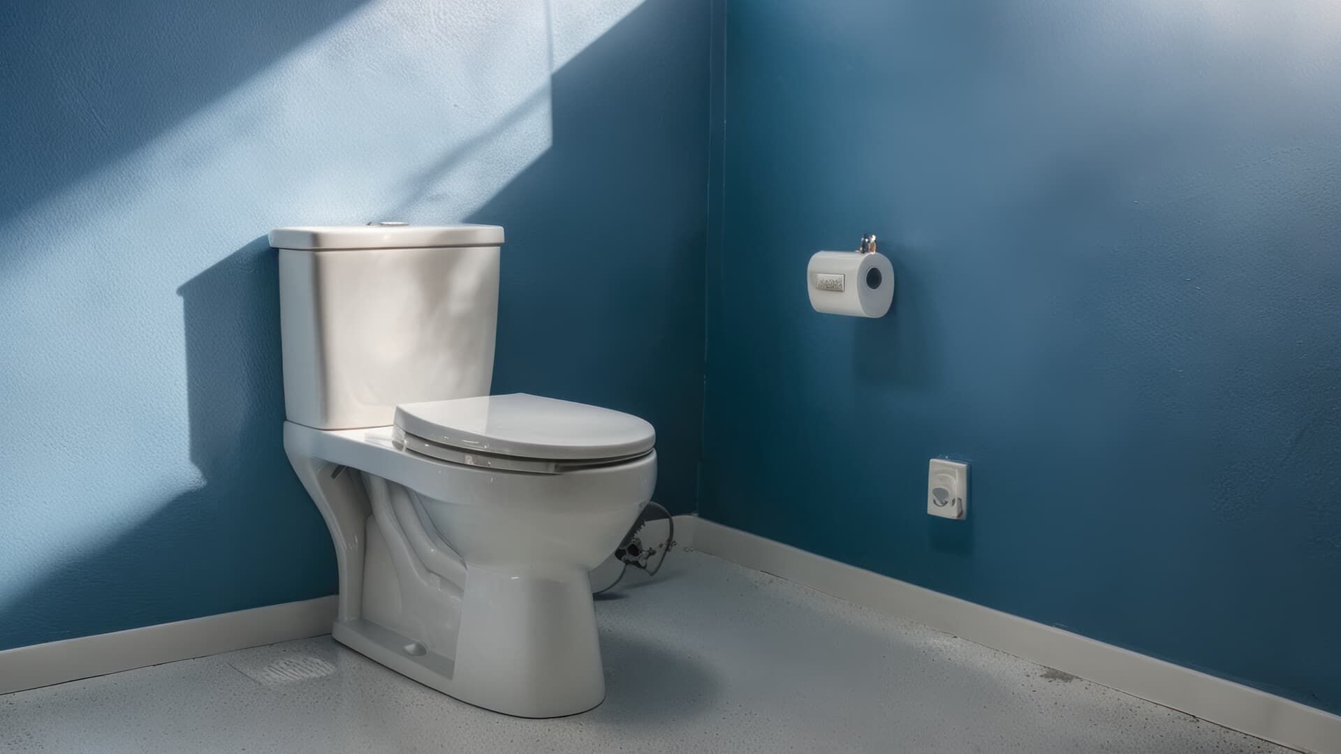 A white toilet in a bathroom with blue walls, a toilet paper roll, and a light switch on the wall.
