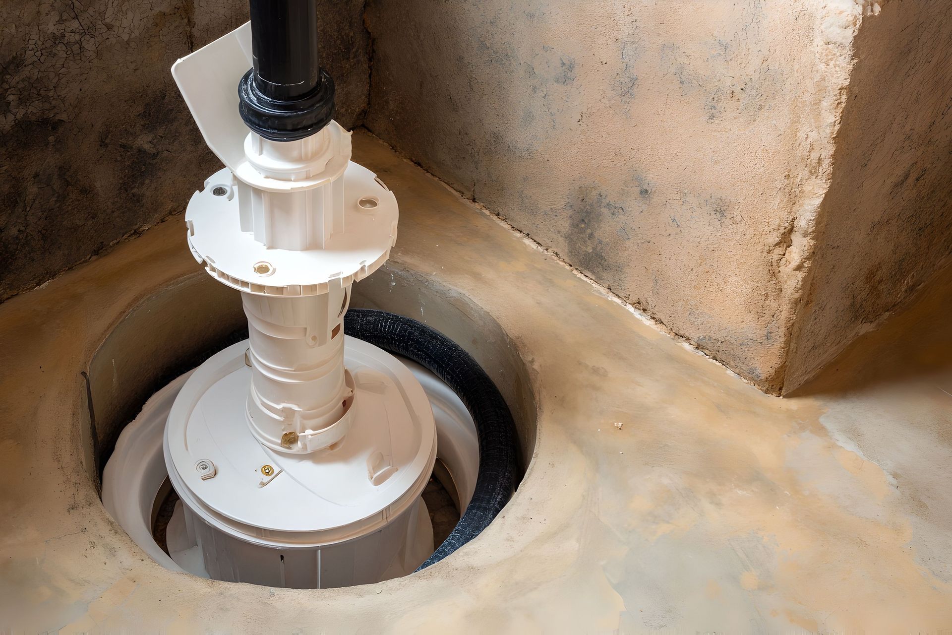A sump pump installation inside a circular concrete pit, showing a white vertical pipe assembly set into a basement floor.