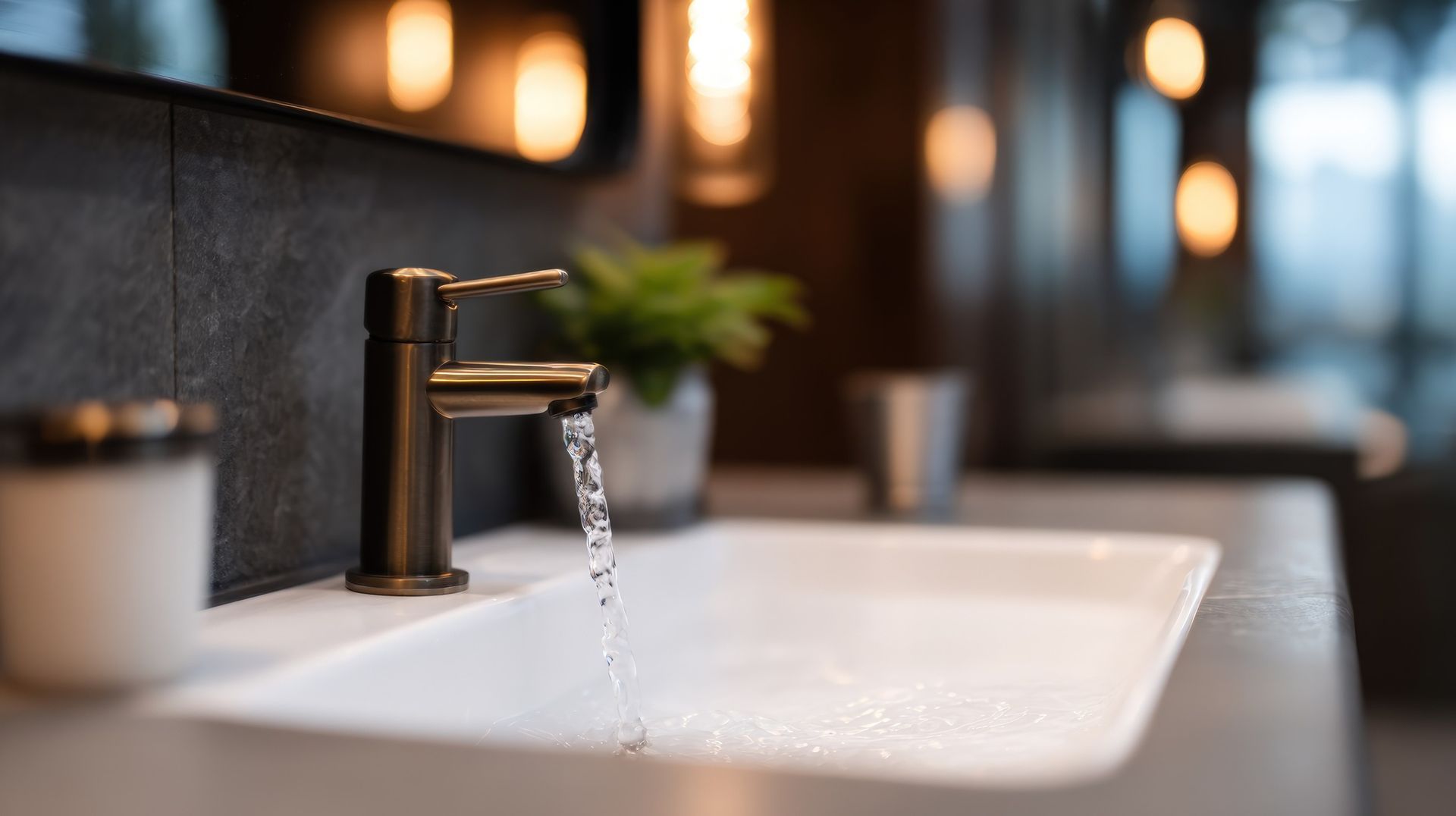 A modern bathroom sink with a dark metal faucet running water into a white basin, featuring a small potted plant nearby.