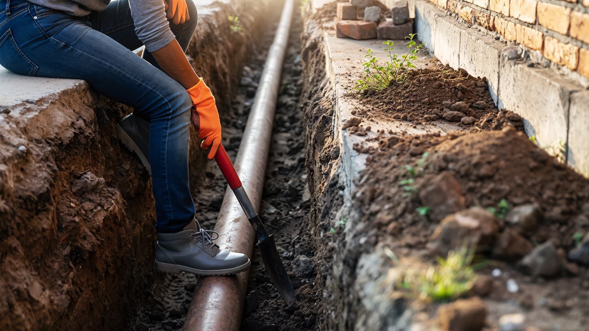 A person in work gloves uses a shovel to clear soil from a narrow trench containing a large pipe next to a brick wall.