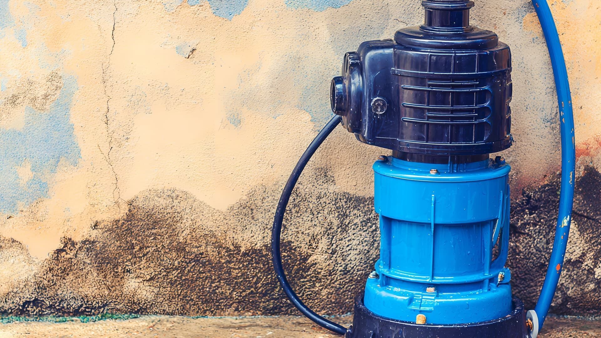 A blue and black electric water pump stands against a weathered, stained concrete wall.