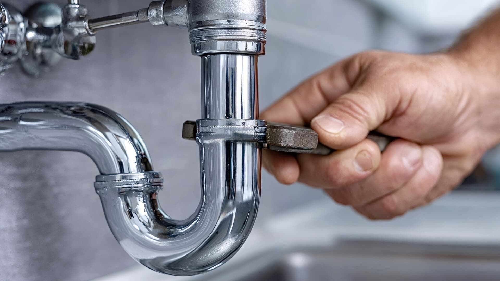 A hand uses a wrench to tighten a metal pipe joint under a sink.